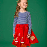 Child wearing the Frugi emmie skater dress with a long sleeved navy stripe top half and red robin applique tulle  skirt.