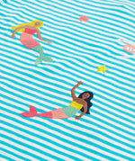 A close up of Frugi Ennis Embroidered T-Shirt in Moss Stripe featuring embroidered  swimming Mermaids.