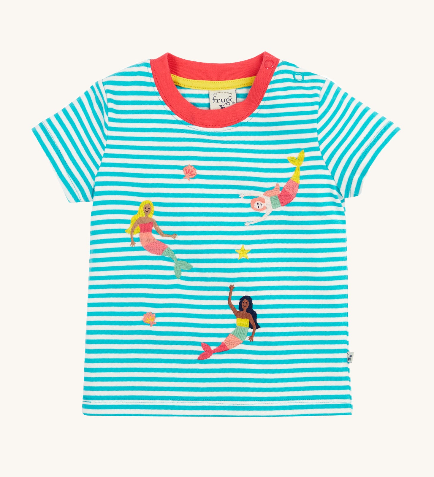 Frugi Ennis Embroidered T-Shirt in Moss Stripe laid flat, featuring swimming Mermaids and a pink collar.