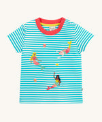 Frugi Ennis Embroidered T-Shirt in Moss Stripe laid flat, featuring swimming Mermaids and a pink collar.