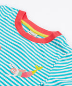 A close up of Frugi Ennis Embroidered T-Shirt in Moss Stripe, featuring swimming Mermaids and a pink collar, with popper fastenings.