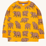 Frugi kids Ethan printed sweater in beary wild. A GOTS organic cotton sweater in dark yellow with sketched inspired brown bear prints