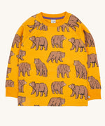 Frugi kids Ethan printed sweater in beary wild. A GOTS organic cotton sweater in dark yellow with sketched inspired brown bear prints