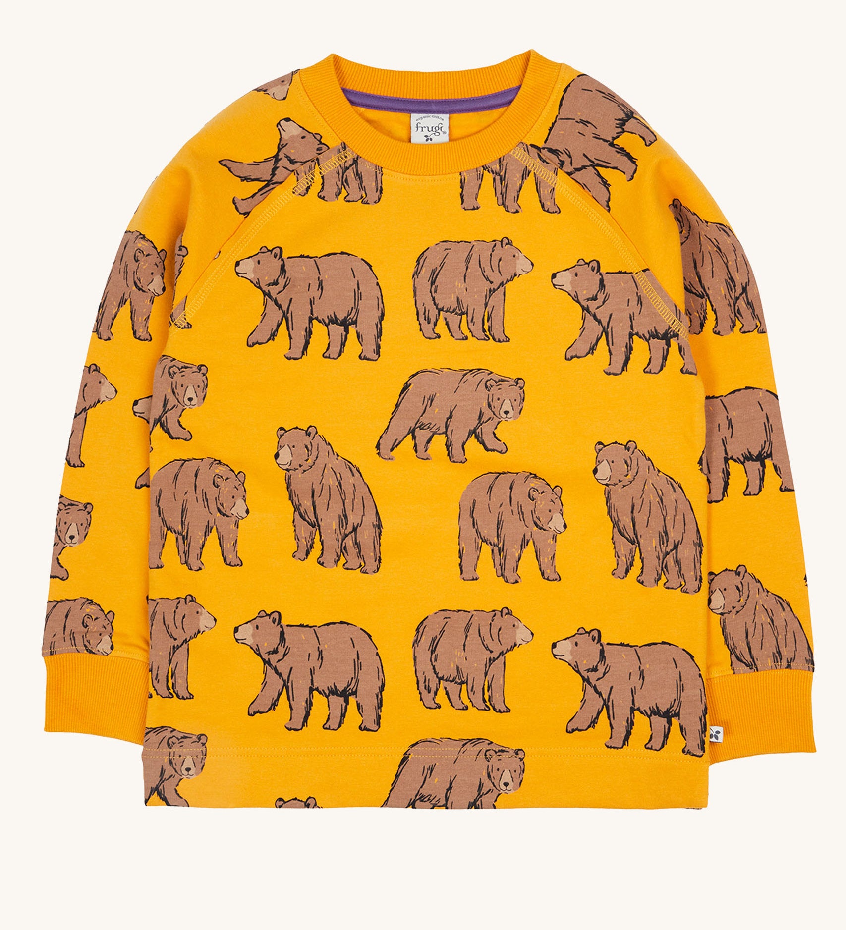 Frugi kids Ethan printed sweater in beary wild. A GOTS organic cotton sweater in dark yellow with sketched inspired brown bear prints