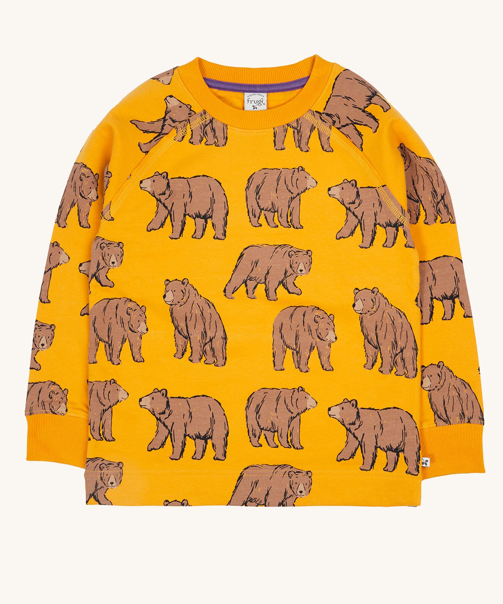 Frugi kids Ethan printed sweater in beary wild. A GOTS organic cotton sweater in dark yellow with sketched inspired brown bear prints