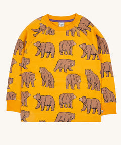 Frugi kids Ethan printed sweater in beary wild. A GOTS organic cotton sweater in dark yellow with sketched inspired brown bear prints