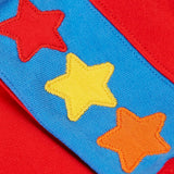 Close up of the three star appliques on the shoulders of the Frugi Falmouth scarlet red sweatshirt.