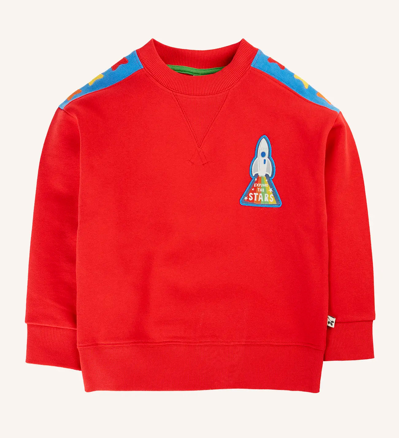 Frugi Falmouth scarlet red sweatshirt with three star appliques on the shoulders and a rocket on the chest.