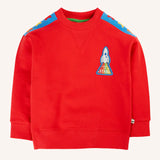 Frugi Falmouth scarlet red sweatshirt with three star appliques on the shoulders and a rocket on the chest.