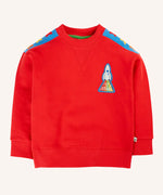 Frugi Falmouth scarlet red sweatshirt with three star appliques on the shoulders and a rocket on the chest.