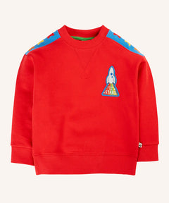 Frugi Falmouth scarlet red sweatshirt with three star appliques on the shoulders and a rocket on the chest.