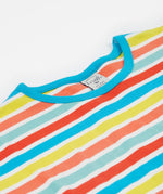 A close up of Frugi Faye Dress, showing the Sea Rainbow Stripe print and its embroidered collar.