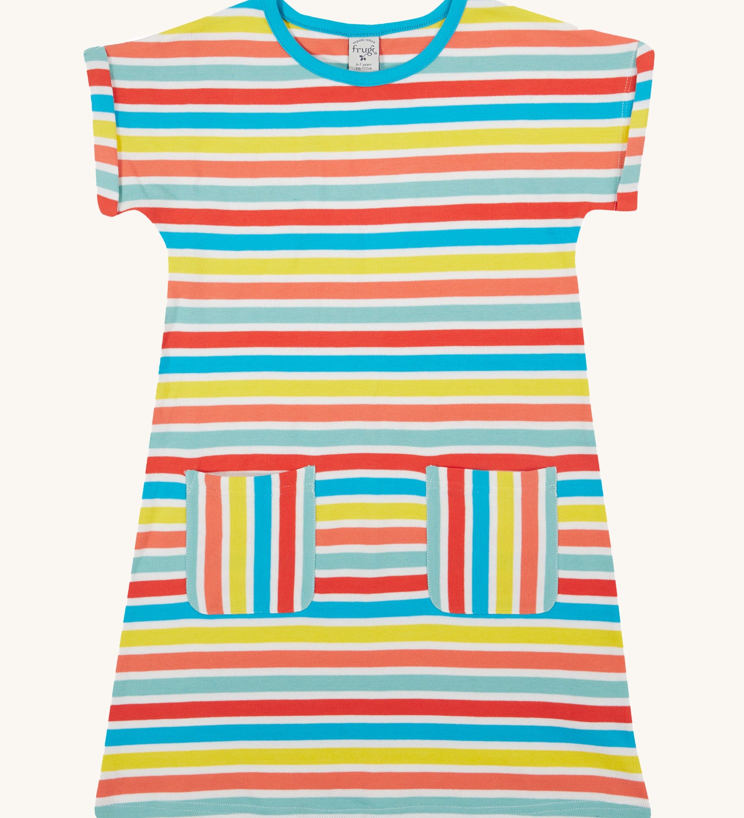 Frugi Faye Dress laid flat, featuring a Sea Rainbow Stripe print and two front pockets.