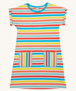 Frugi Faye Dress laid flat, featuring a Sea Rainbow Stripe print and two front pockets.
