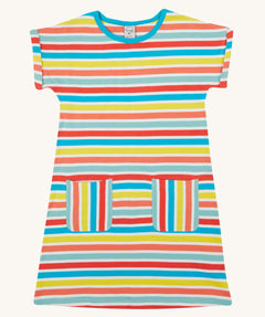 Frugi Faye Dress laid flat, featuring a Sea Rainbow Stripe print and two front pockets.