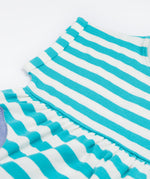Close up of the Frugi kids Felicity koala dress. Showing the turned up sleeve detail of the top half of the dress on white and light blue striped organic cotton fabric