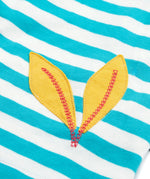 Close up of the Frugi kids Felicity koala dress. Showing the appliqué of a yellow leaf on white and light blue striped organic cotton fabric