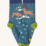 The reindeer socks from the Frugi Festive Reindeer Great Organic Cotton Grippy Socks for Kids 2 Pack. These socks have green coloured grippy stars on the soles. These socks are part of a wide range of organic cotton clothing for children available here at Babipur. 
