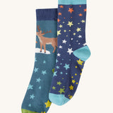Frugi Festive Reindeer Great Organic Cotton Grippy Socks for Kids 2 Pack. These socks have green coloured grippy stars on the soles. These socks are part of a wide range of organic cotton clothing for children available here at Babipur. 