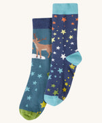 Frugi Festive Reindeer Great Organic Cotton Grippy Socks for Kids 2 Pack. These socks have green coloured grippy stars on the soles. These socks are part of a wide range of organic cotton clothing for children available here at Babipur. 