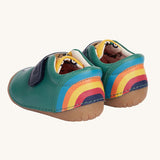 A view of the back of the Fjord First Walker leather baby holly green tractor shoes. There is a colourful rainbow on the back of the shoes. 