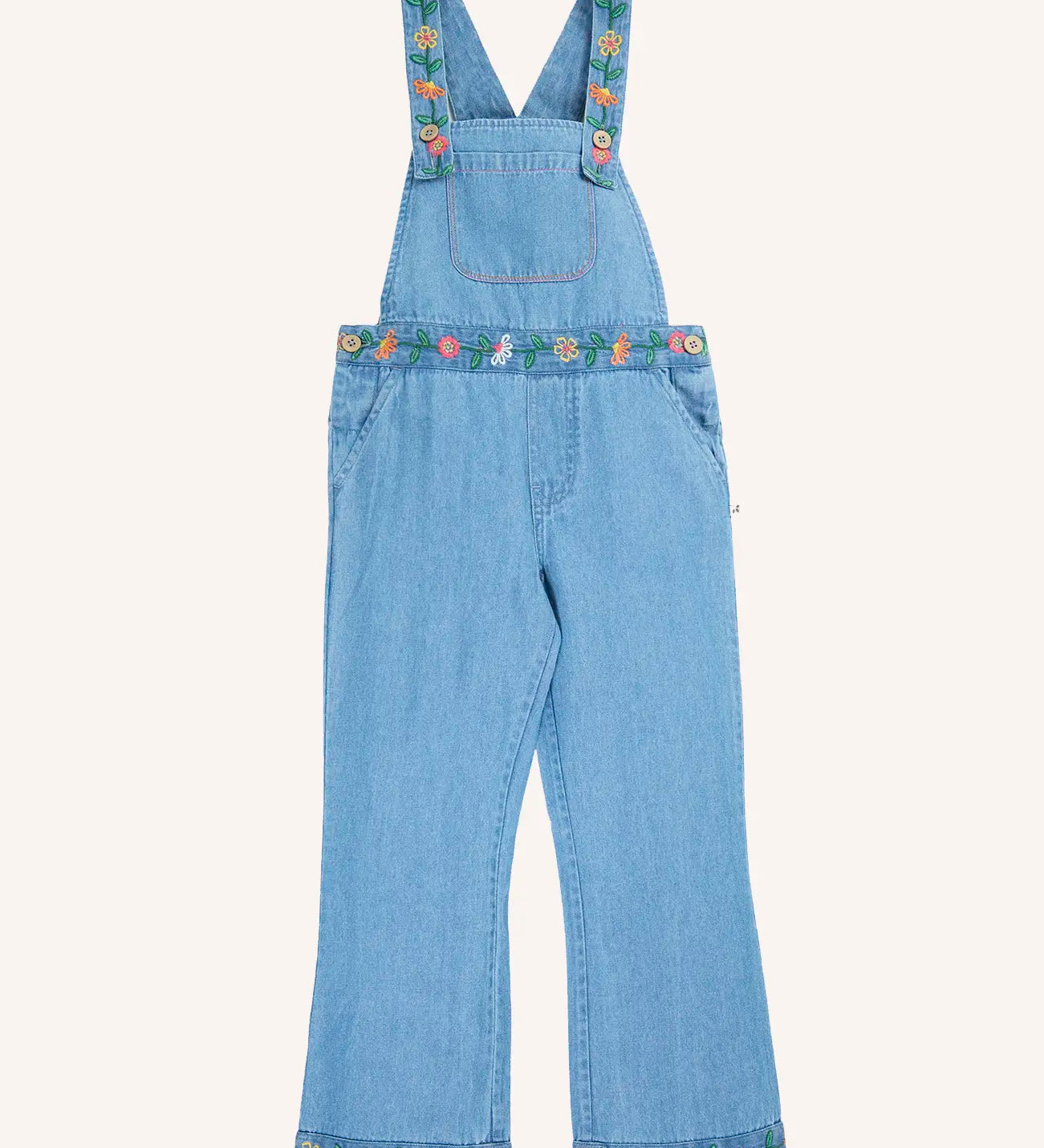 Frugi flared denim dungaree with embroidered flower design on the straps, waist and cuffs.