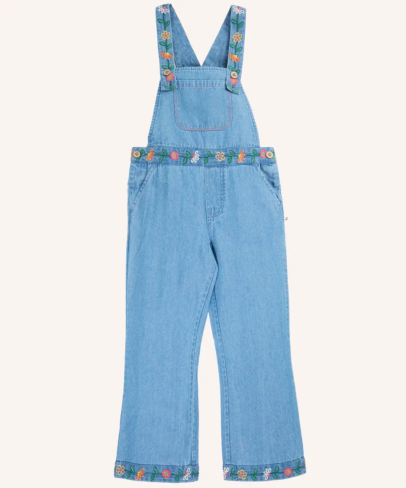 Frugi flared denim dungaree with embroidered flower design on the straps, waist and cuffs.