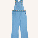 Frugi flared denim dungaree with embroidered flower design on the straps, waist and cuffs.