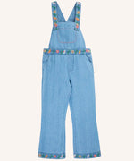 Frugi flared denim dungaree with embroidered flower design on the straps, waist and cuffs.