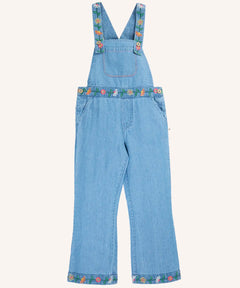Frugi flared denim dungaree with embroidered flower design on the straps, waist and cuffs.