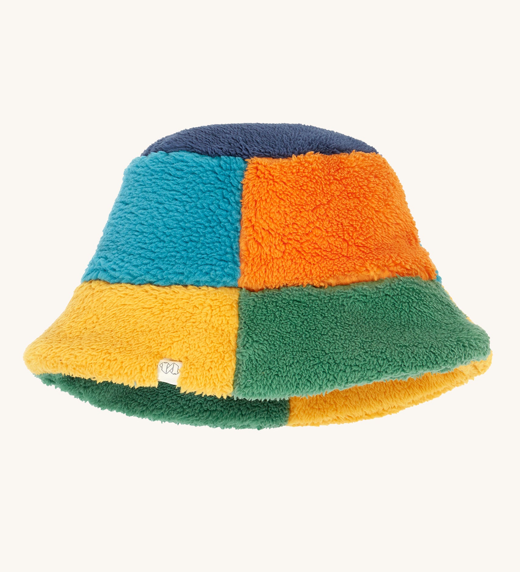 Frugi kids fleece bucket hat in hotchpotch available at Babipur. A 100% recycled polyester fleece bucket hat with a multicoloured block design