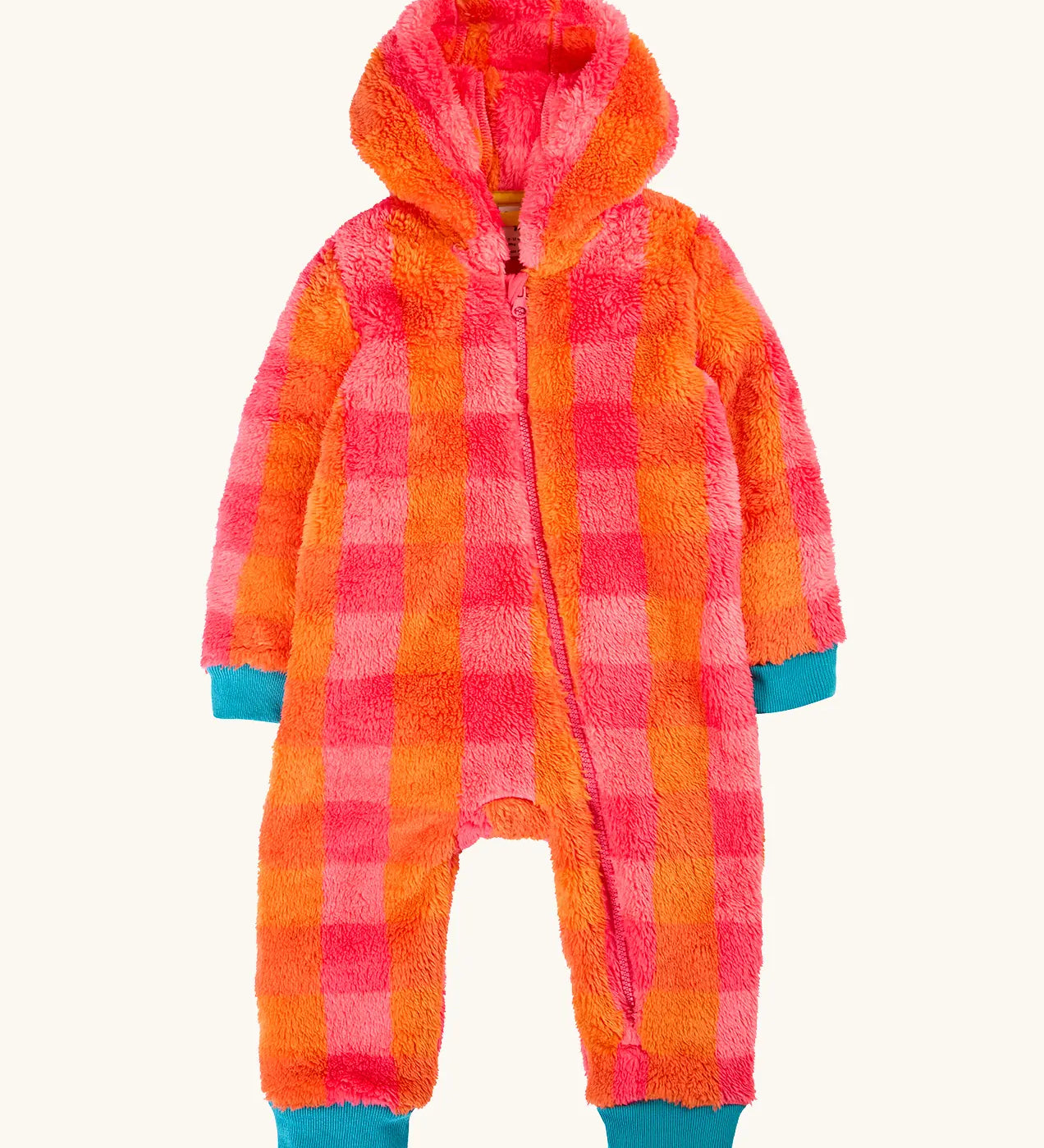 A baby's fuzzy one-piece hooded jumpsuit in a bright orange and pink plaid pattern, with contrasting teal cuffs and foot covers.