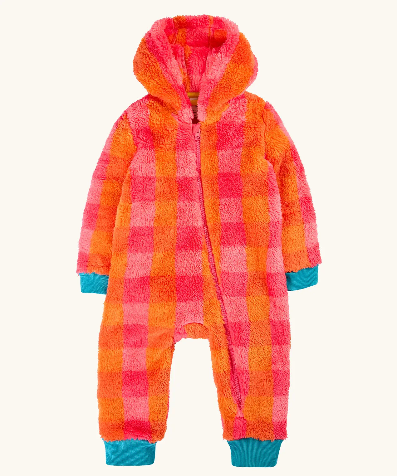 A baby's fuzzy one-piece hooded jumpsuit in a bright orange and pink plaid pattern, with contrasting teal cuffs and foot covers.