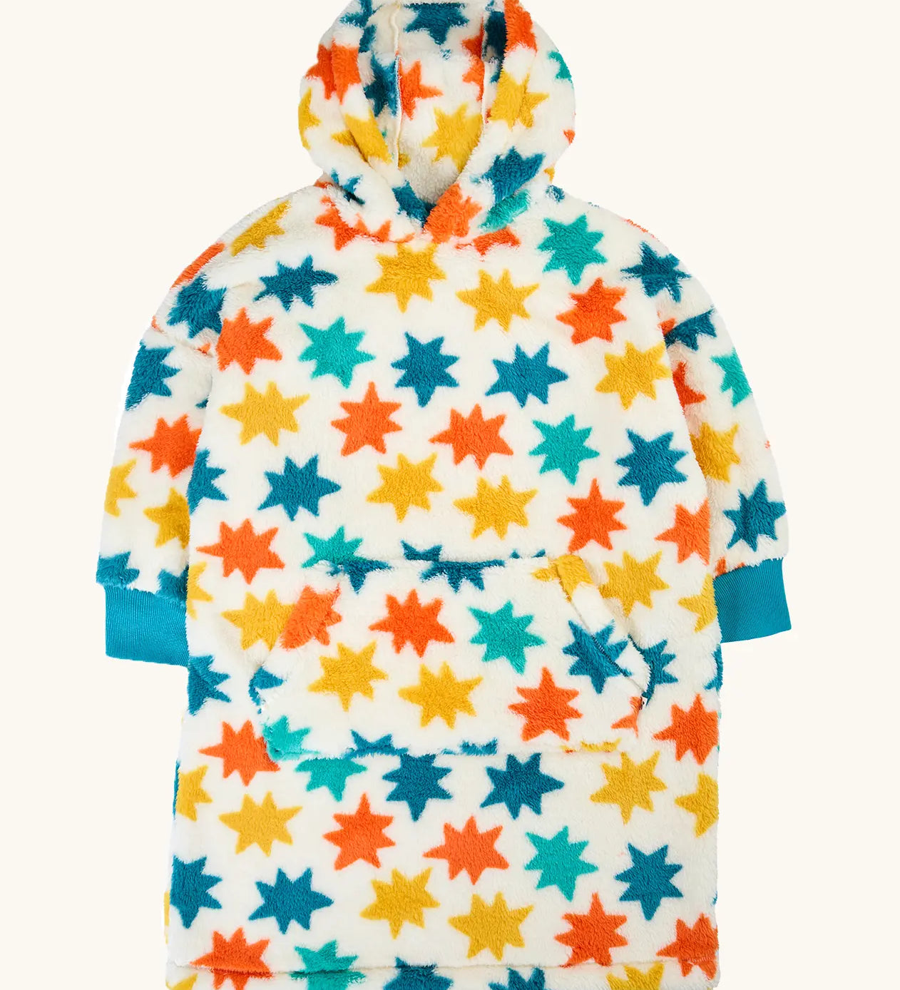 Frugi wearable blanket with hood, cream colour with multicolour stars on.