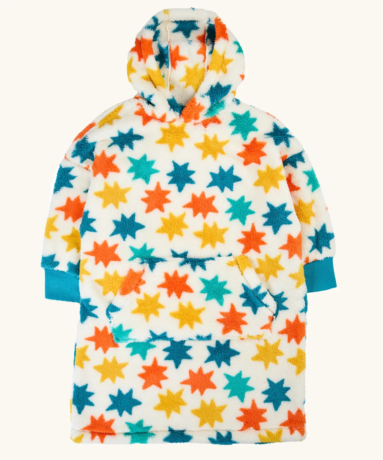 Frugi wearable blanket with hood, cream colour with multicolour stars on.