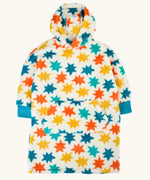 Frugi wearable blanket with hood, cream colour with multicolour stars on.