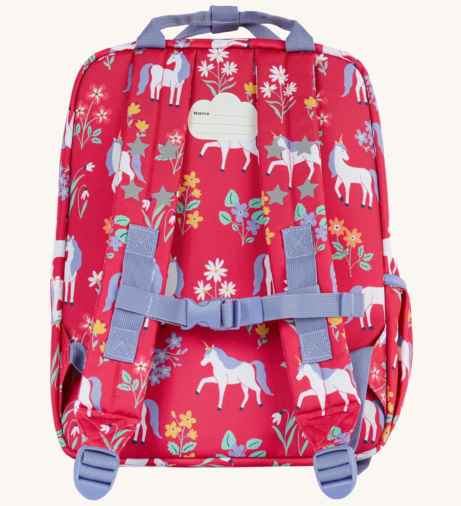 The back of the Frugi rose unicorn explorers backpack. Features a strap with buckle connecting the two shoulder straps for a secure fit and handy carry handle on top 