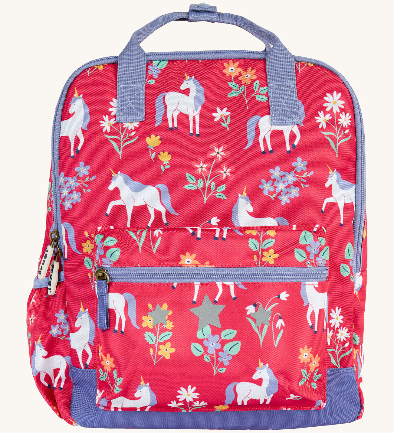 Frugi explorers backpack in rose horse floral. A pink backpack with lilac trim and a white unicorn print. Features a main compartment a smaller compartment on the front and a bottle holder