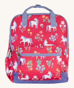 Frugi explorers backpack in rose horse floral. A pink backpack with lilac trim and a white unicorn print. Features a main compartment a smaller compartment on the front and a bottle holder