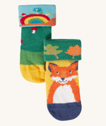 Frugi fun fold over kids organic cotton socks 2 pack with woodland pals designs.