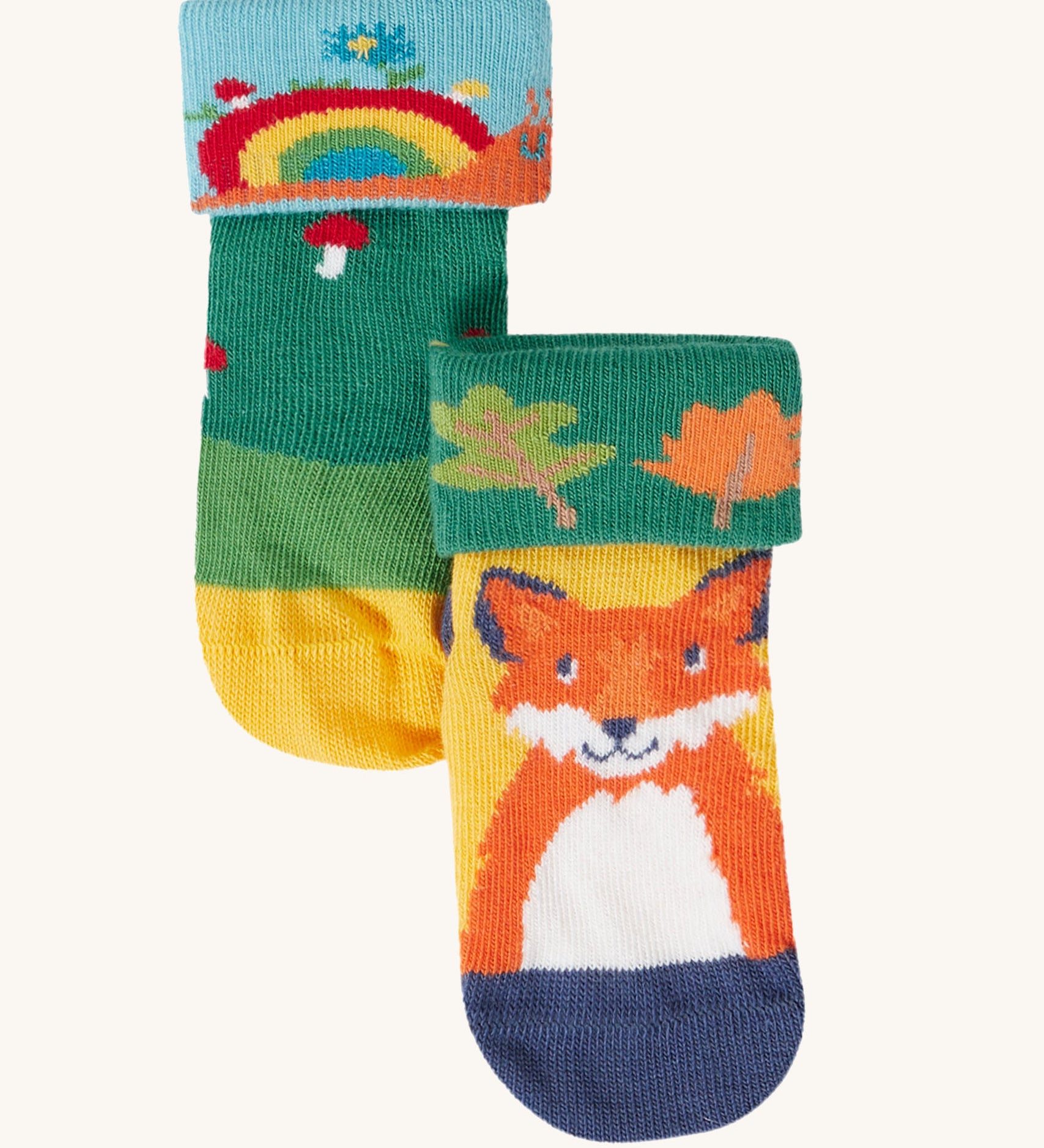 Frugi fun fold over kids organic cotton socks 2 pack with woodland pals designs.