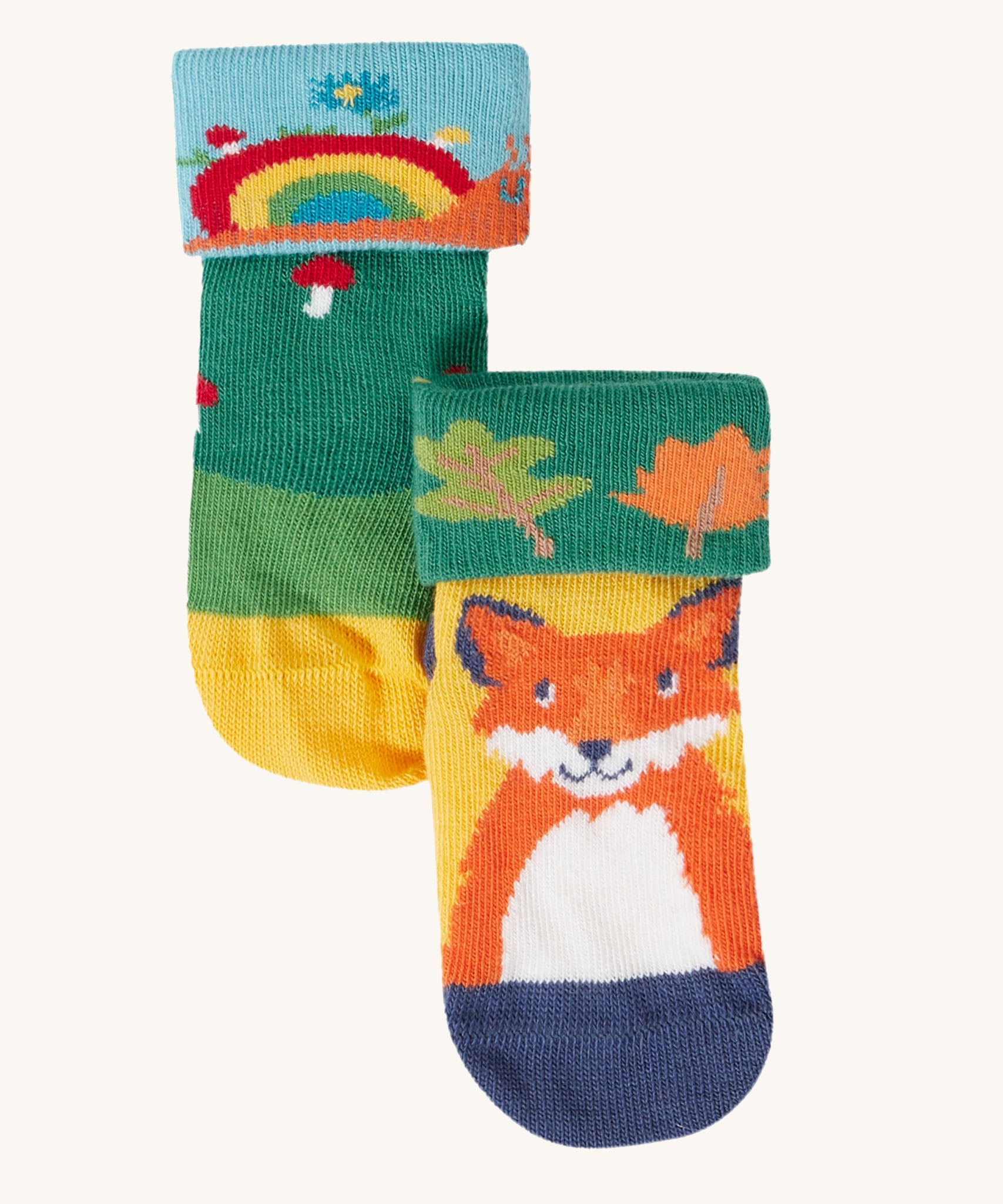 Frugi fun fold over kids organic cotton socks 2 pack with woodland pals designs.