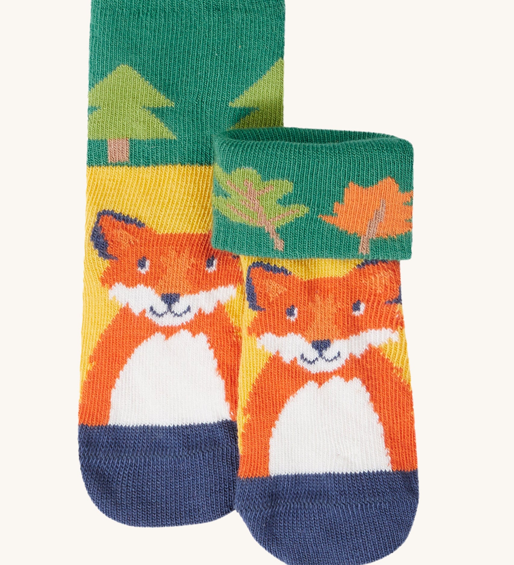 Frugi fun fold over kids organic cotton socks 2 pack with woodland pals designs.