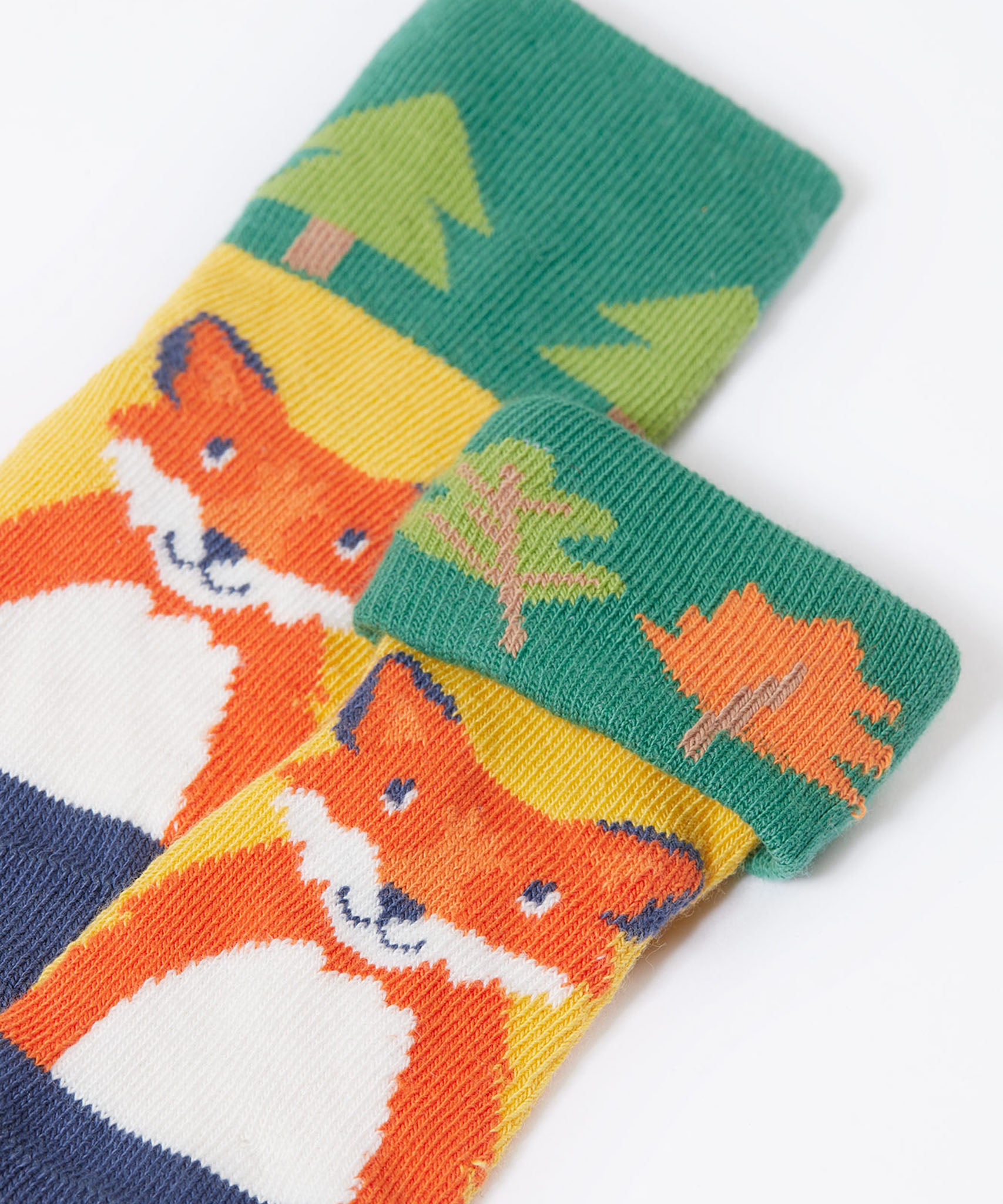 Frugi fun fold over kids organic cotton socks 2 pack with woodland pals designs. 