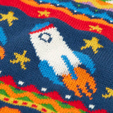 Close up of the details on the Frugi fowey Fairisle organic cotton knitted jumper with a space design featuring rockets, planets and stars. 