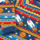 Close up of the Frugi fowey Fairisle orghanic cotton knitted jumper with a space design featuring rockets, planets and stars. 