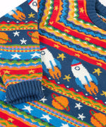 Close up of the Frugi fowey Fairisle orghanic cotton knitted jumper with a space design featuring rockets, planets and stars. 