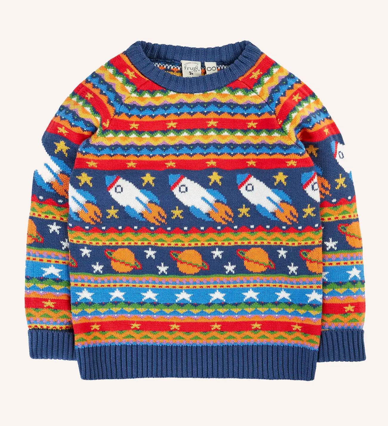 Frugi fowey Fairisle orghanic cotton knitted jumper with a space design featuring rockets, planets and stars. 