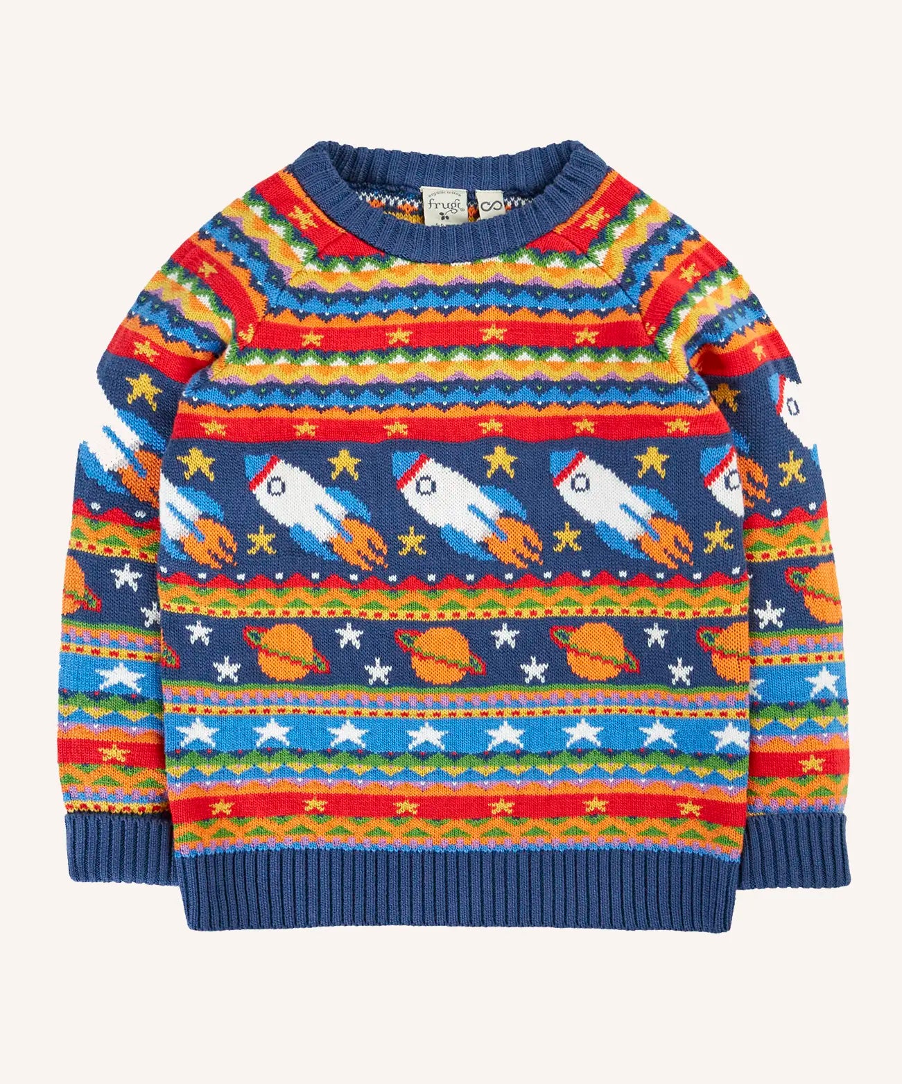 Frugi fowey Fairisle orghanic cotton knitted jumper with a space design featuring rockets, planets and stars. 