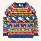 Frugi fowey Fairisle orghanic cotton knitted jumper with a space design featuring rockets, planets and stars. 